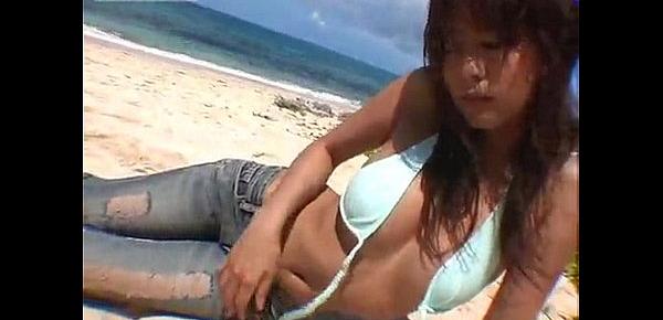  Asian Model going commando in jeans on the beach - no panties